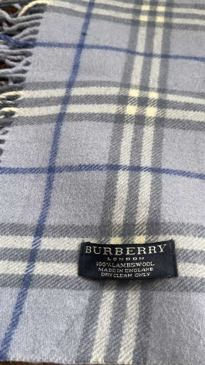 Rare BURBERRY Cashmere Scarf, Length: 150cm, Width: 17.5cm, 100% Cashmere, Ice Blue, Double Side Fringe