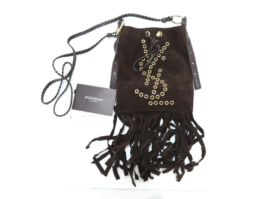 Yves Saint Laurent Logo Studded Fringe Suede Shoulder Bag, Brown [Retail Purchase Certificate Included] Shoulder Bag