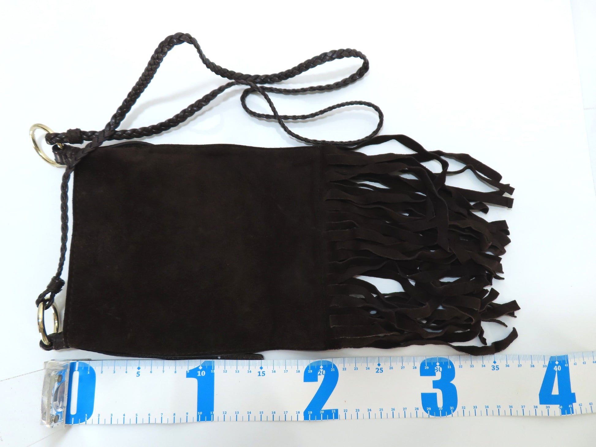 Yves Saint Laurent Logo Studded Fringe Suede Shoulder Bag, Brown [Retail Purchase Certificate Included] Shoulder Bag