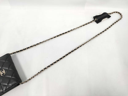 CHANEL Matelasse Camellia Chain Card Case, Lambskin Leather, Shoulder Bag