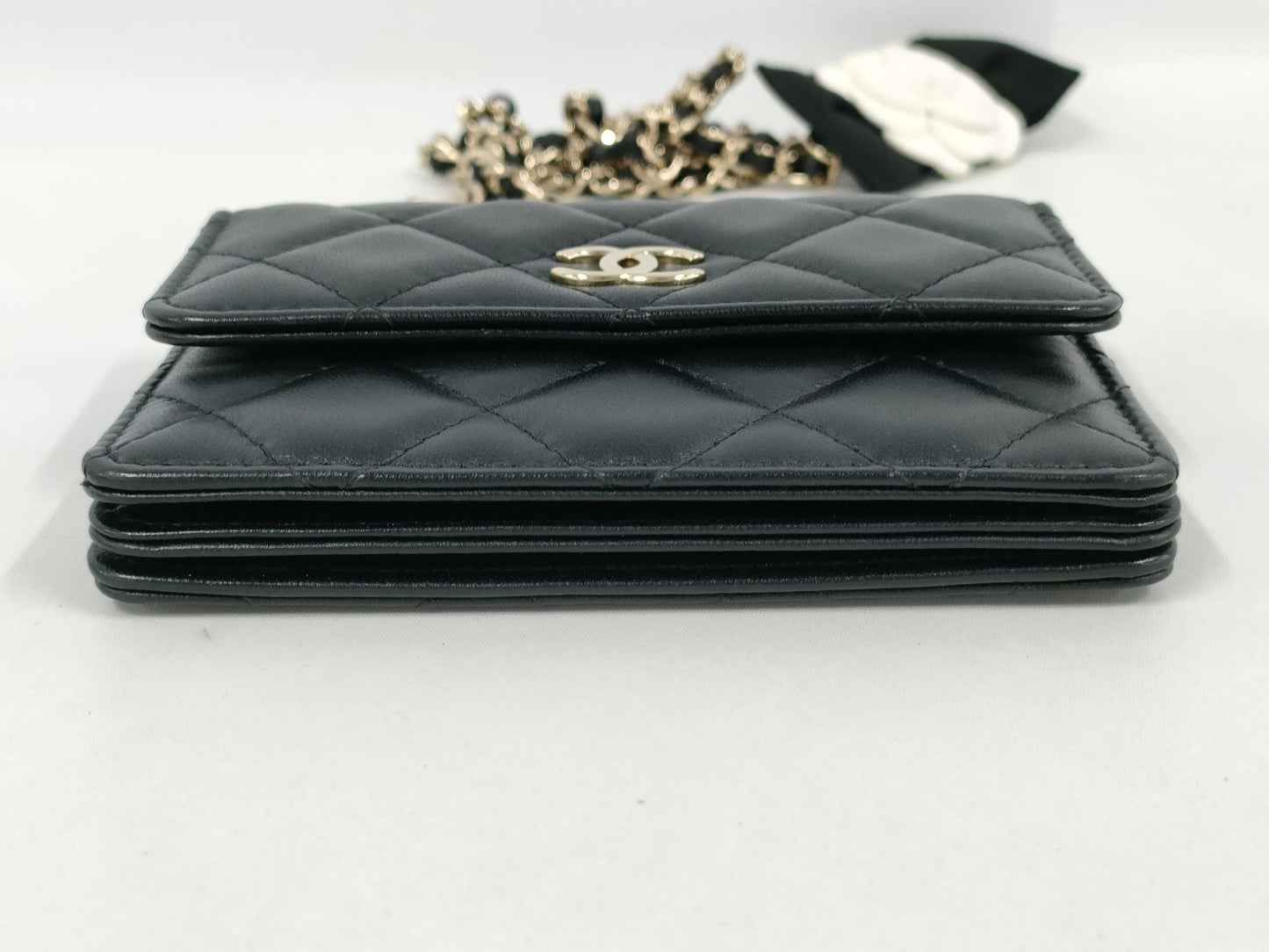 CHANEL Matelasse Camellia Chain Card Case, Lambskin Leather, Shoulder Bag