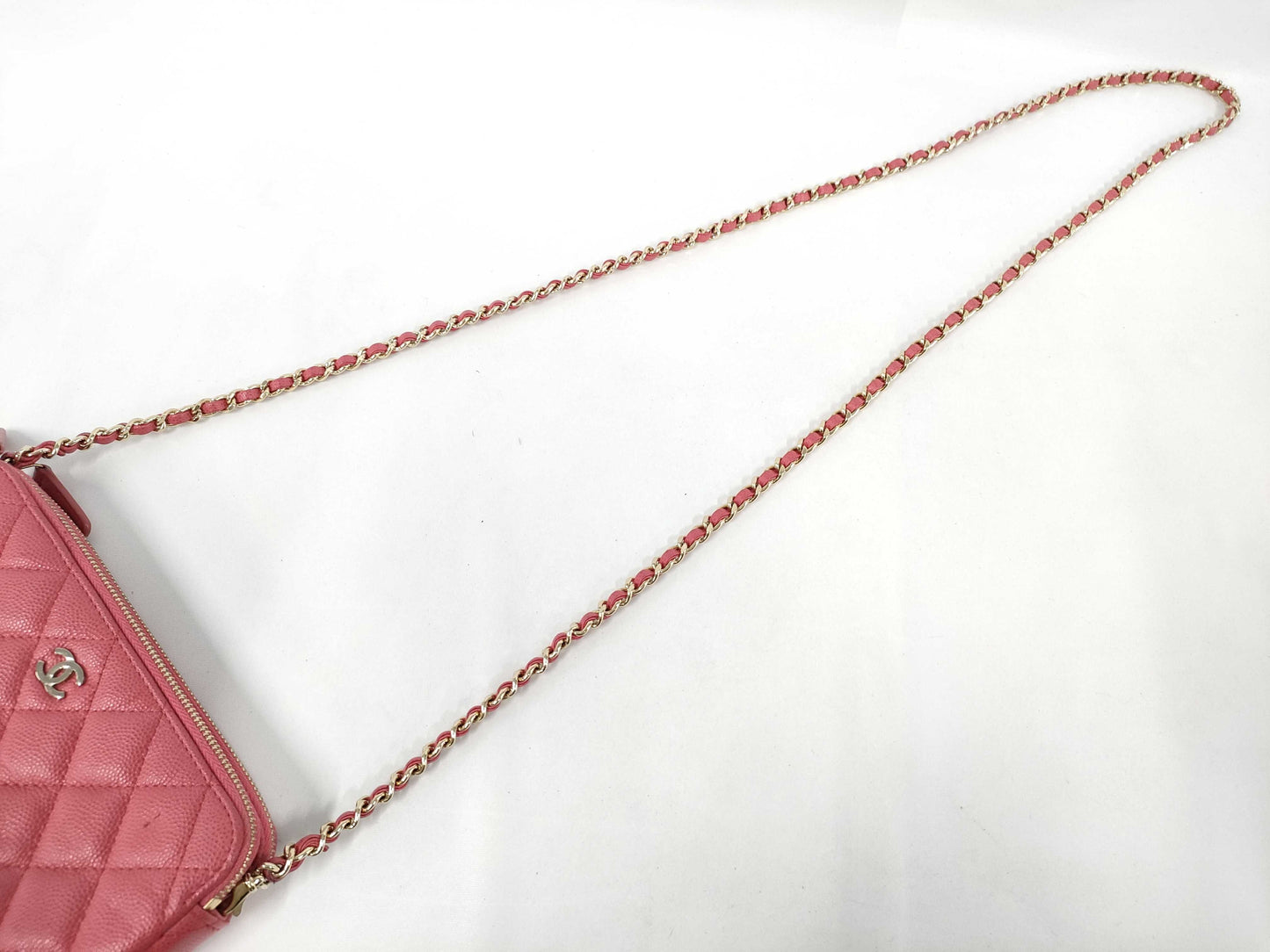 CHANEL Chain Wallet Pochette Double Zipper Matelasse Caviar Leather Rose Pink Wallet