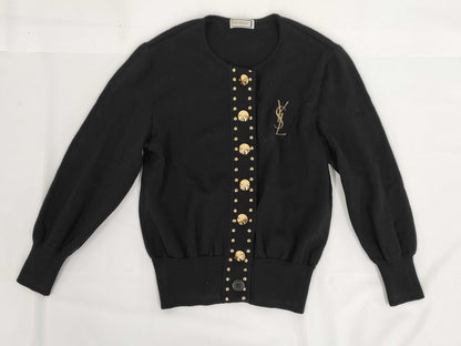 Yves Saint Laurent Black Cardigan with YSL Embroidery and Gold Buttons, Size M