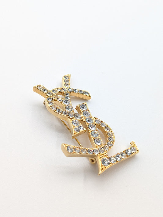 Yves Saint Laurent Brooch YSL Cassandra Gold Rhinestone Brooch