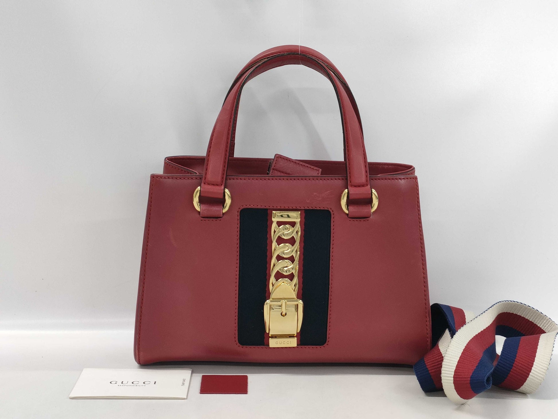 GUCCI 460381 Leather Sylvie 2-Way Handbag Red with Strap