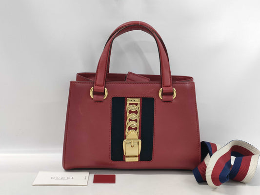 GUCCI 460381 Leather Sylvie 2-Way Handbag Red with Strap