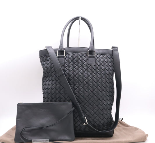 BOTTEGA VENETA Intrecciato Leather 2-WAY Bag Black No Serial with Storage Bag Tote Bag