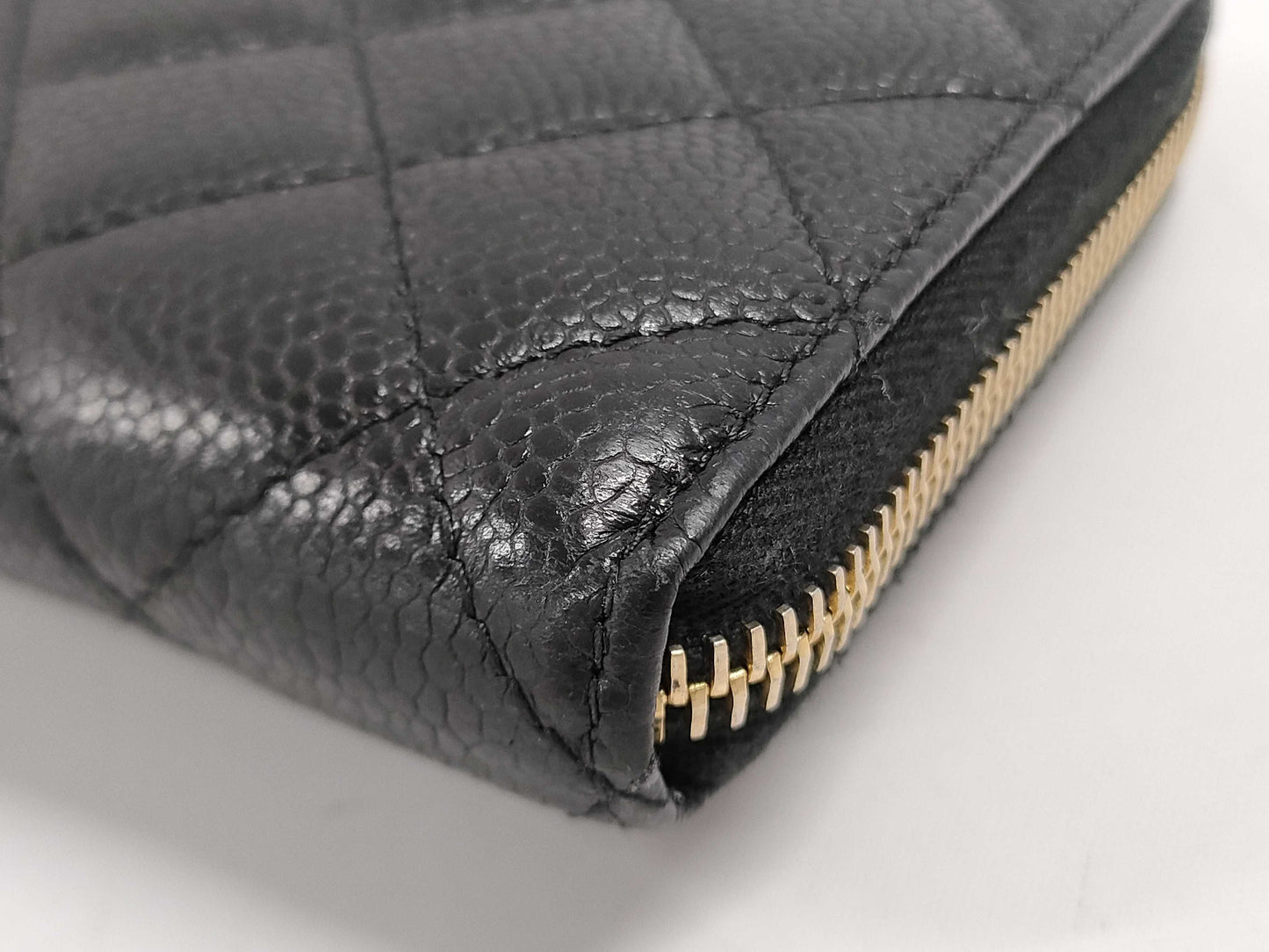 CHANEL Caviar Leather Matelasse Wallet with Round Zipper, Black GD Hardware, Seal, Card Holder, 20826548