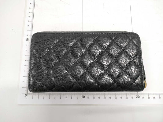 CHANEL Caviar Leather Matelasse Wallet with Round Zipper, Black GD Hardware, Seal, Card Holder, 20826548