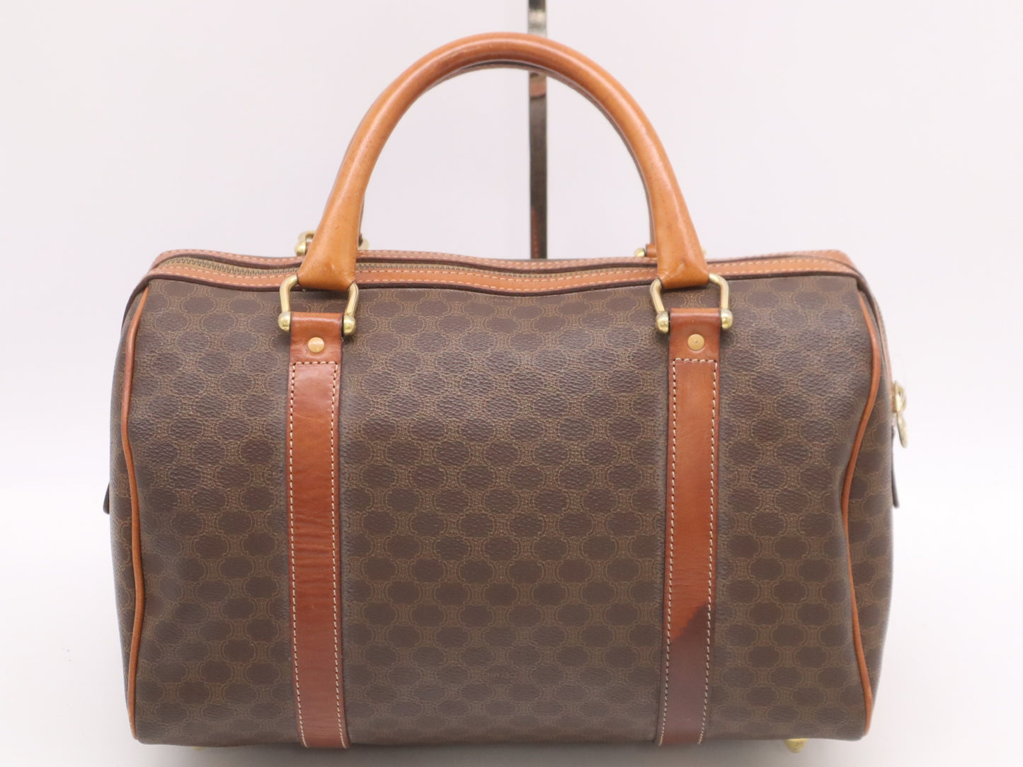 CELINE PVC and Leather Macadam Pattern Mini Boston Bag, Brown