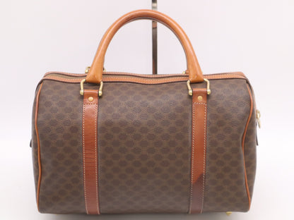 CELINE PVC and Leather Macadam Pattern Mini Boston Bag, Brown