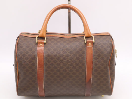 CELINE PVC and Leather Macadam Pattern Mini Boston Bag, Brown