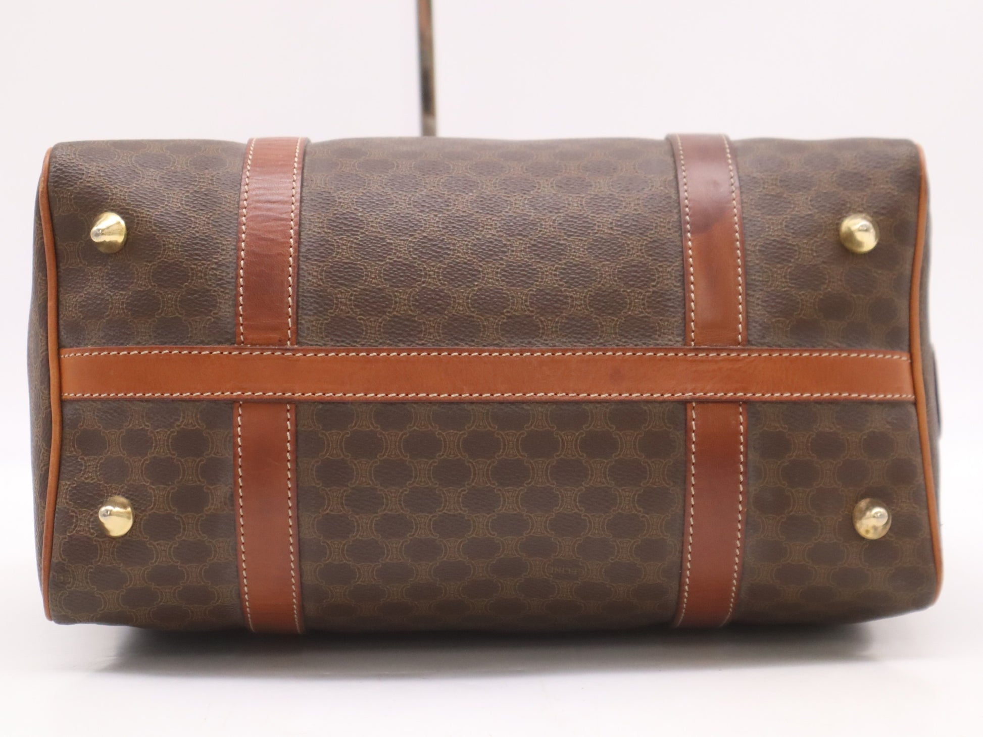 CELINE PVC and Leather Macadam Pattern Mini Boston Bag, Brown