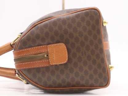 CELINE PVC and Leather Macadam Pattern Mini Boston Bag, Brown