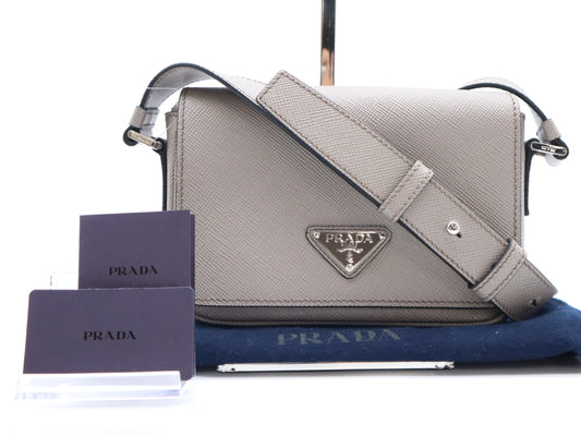 PRADA Saffiano Leather Shoulder Bag, Gray, RFID Enabled
