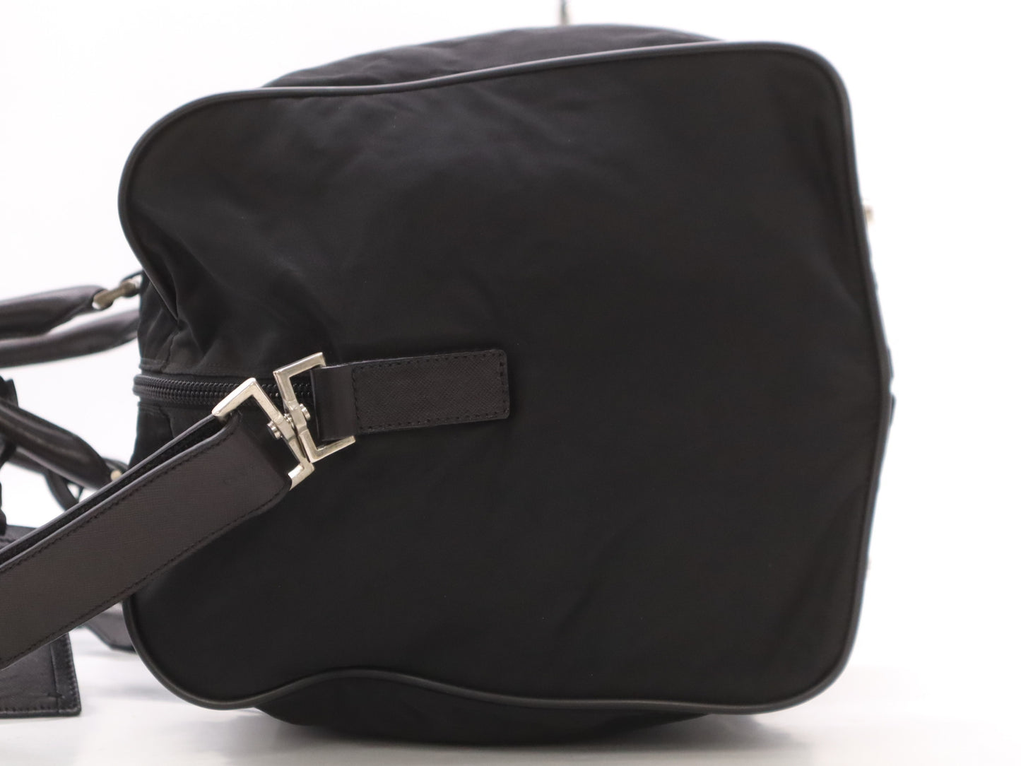 PRADA Nylon Triangle Logo Boston Bag in Black. Includes dust bag, name tag, crochet, padlock, and two keys.