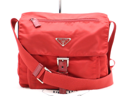PRADA Nylon Shoulder Bag with Triangular Plate, Red, Includes Dust Bag