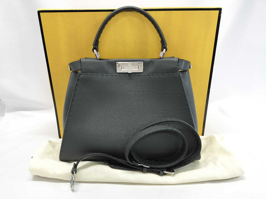 FENDI 8BN290 Selleria Regular Peekaboo 2-Way Handbag in Gray Leather with Strap, Box, and Dust Bag