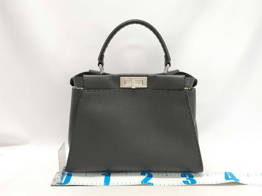 FENDI 8BN290 Selleria Regular Peekaboo 2-Way Handbag in Gray Leather with Strap, Box, and Dust Bag