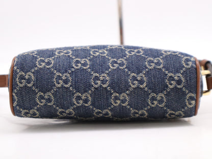 GUCCI 493075 GG Jacquard Denim Shoulder Bag Blue Brown Shoulder Bag