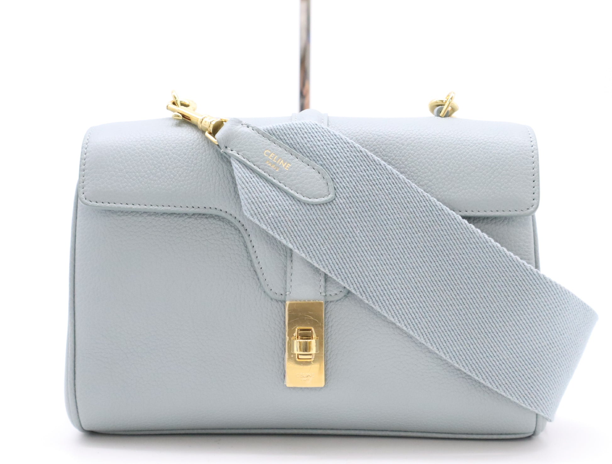 CELINE Seize Leather Shoulder Bag, Light Blue, with Shoulder Strap and Dust Bag