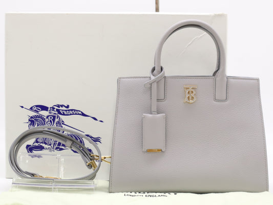 BURBERRY 8072514TB Logo Grainy Leather Frances Gray Handbag with Shoulder Strap, Dust Bag, and Box ITCUT2ABB