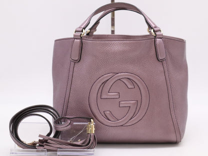 GUCCI 336751 Leather Interlocking 2-Way Handbag, Purple, with Shoulder Strap