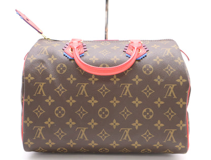 LOUIS VUITTON M41665 Monogram Speedy 30 Totem Flamingo Handbag with Cloche, Cadena, and Two Keys