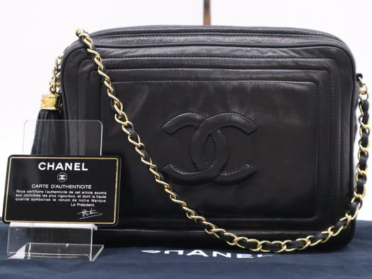 CHANEL Lambskin Coco Mark Shoulder Bag with Fringe, Black GD Hardware, Seal, Card Included, Dust Bag and Card Included, 0555715