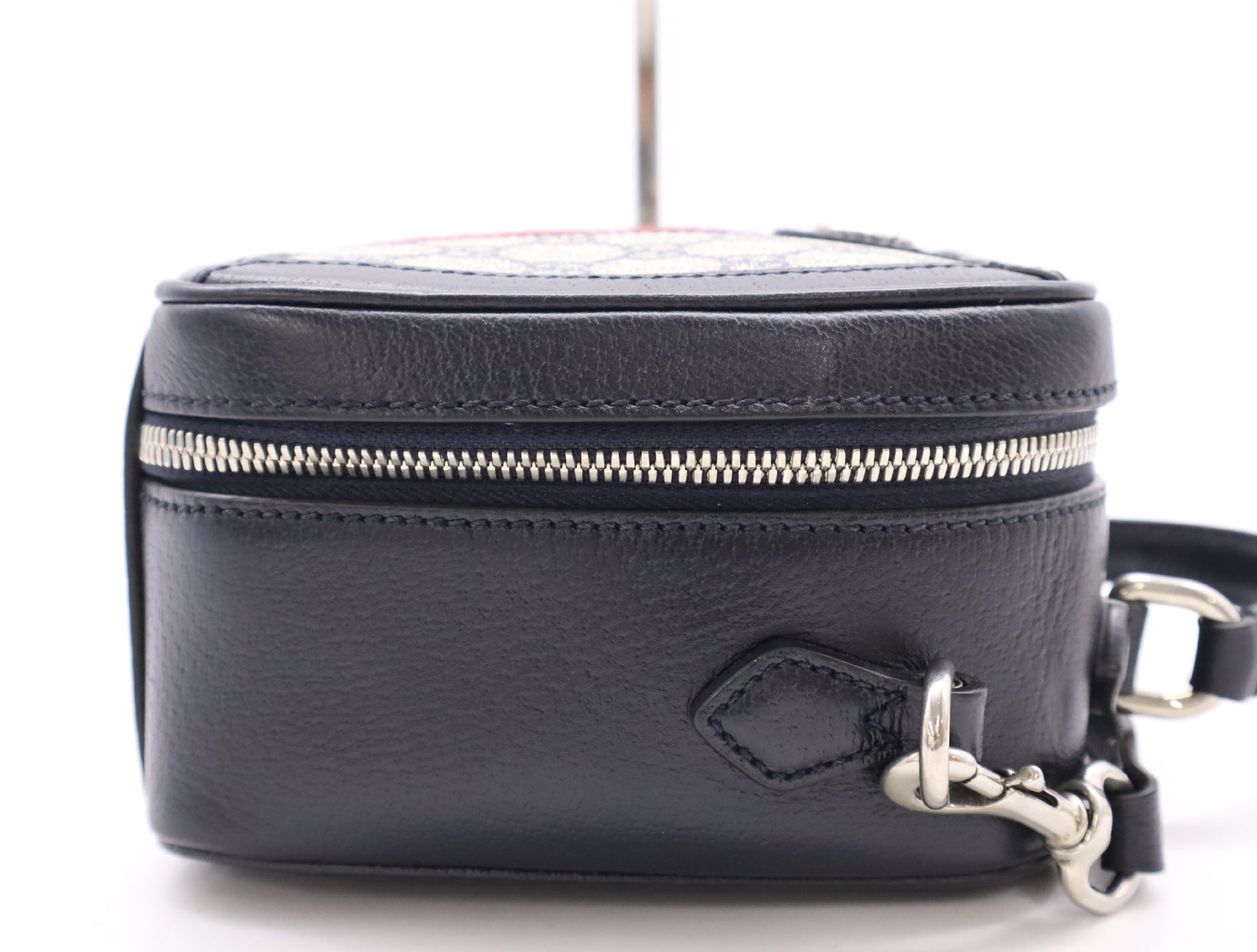 GUCCI 772157 GG Supreme Ophidia PVC and Leather 2-Way Handbag in Navy and Beige with Shoulder Strap, Dust Bag, and Box