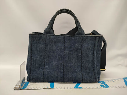 PRADA Canapa Mini Tote Bag with Triangle Plate, 2-Way, Denim, Blue, with Strap, Handbag