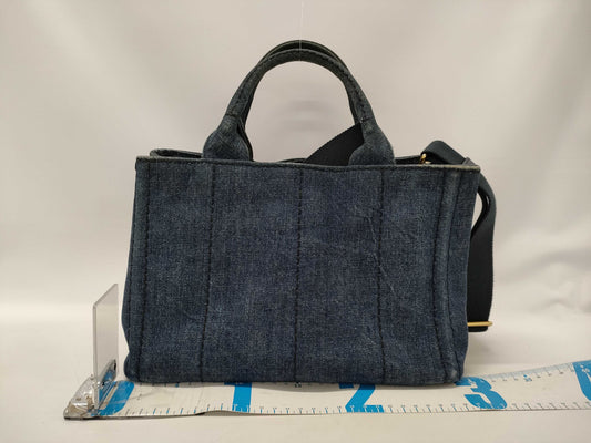 PRADA Canapa Mini Tote Bag with Triangle Plate, 2-Way, Denim, Blue, with Strap, Handbag