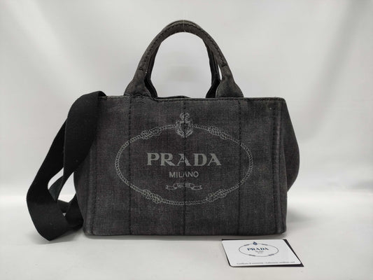 PRADA B2439G Canapa Denim 2-Way Handbag in Black with Guarantee Strap