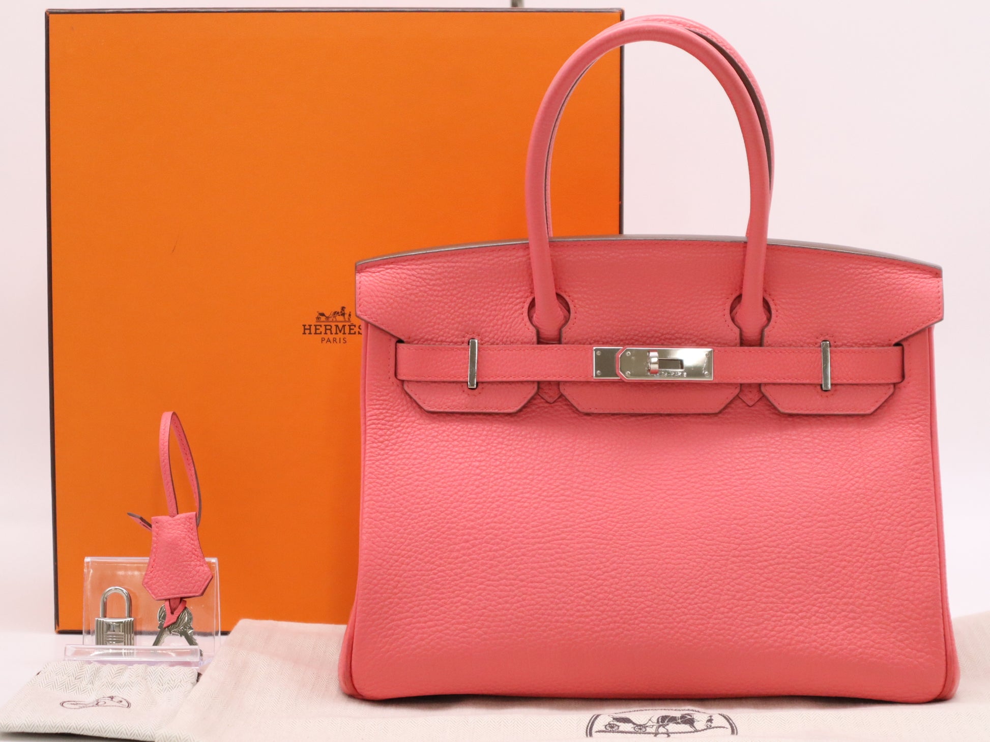 HERMES Togo Birkin 25 Pink Silver Fittings B Engraved 2023 Cadena Key x2 with Storage Bag and Box Handbag