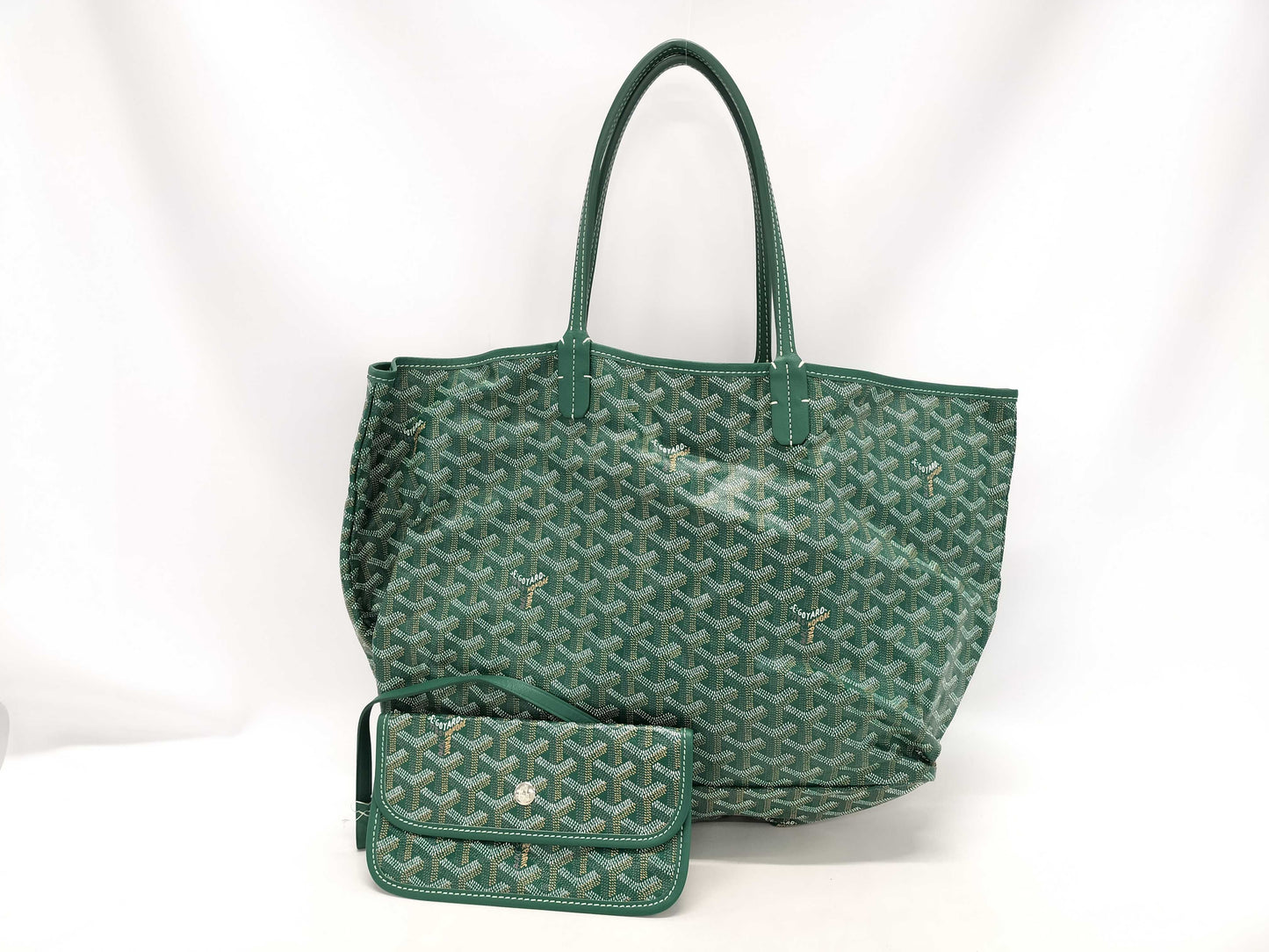 GOYARD Saint Louis PM Tote Bag, Goyardine Canvas and Leather, Green, with Pouch