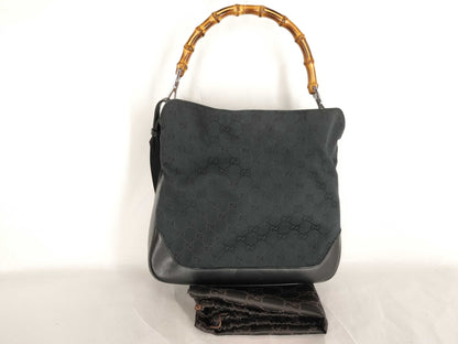 GUCCI GG Canvas Bamboo One-Shoulder Black Shoulder Bag
