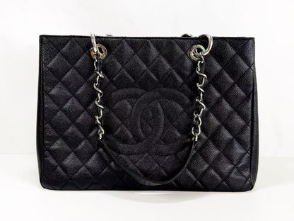 CHANEL Black Caviar Leather GST Matelasse Tote Bag with Silver Hardware and Chain, Size 17, W33cm, H24cm, D14cm , Seal Included, 1783842