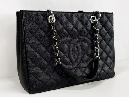 CHANEL Black Caviar Leather GST Matelasse Tote Bag with Silver Hardware and Chain, Size 17, W33cm, H24cm, D14cm , Seal Included, 1783842