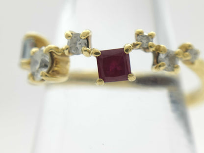 Aquamarine Ruby Garnet Diamond 0.32/0.12/0.18 Engraved K18 2.6g Ring 