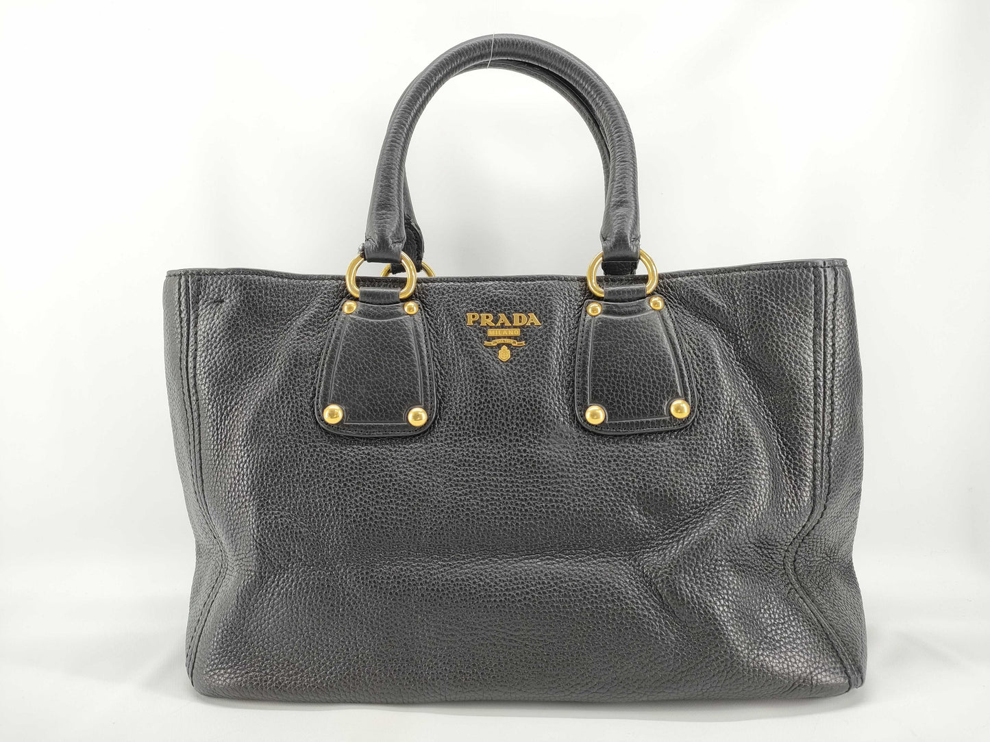 PRADA Prada Black Vitello Dino Leather Tote Bag