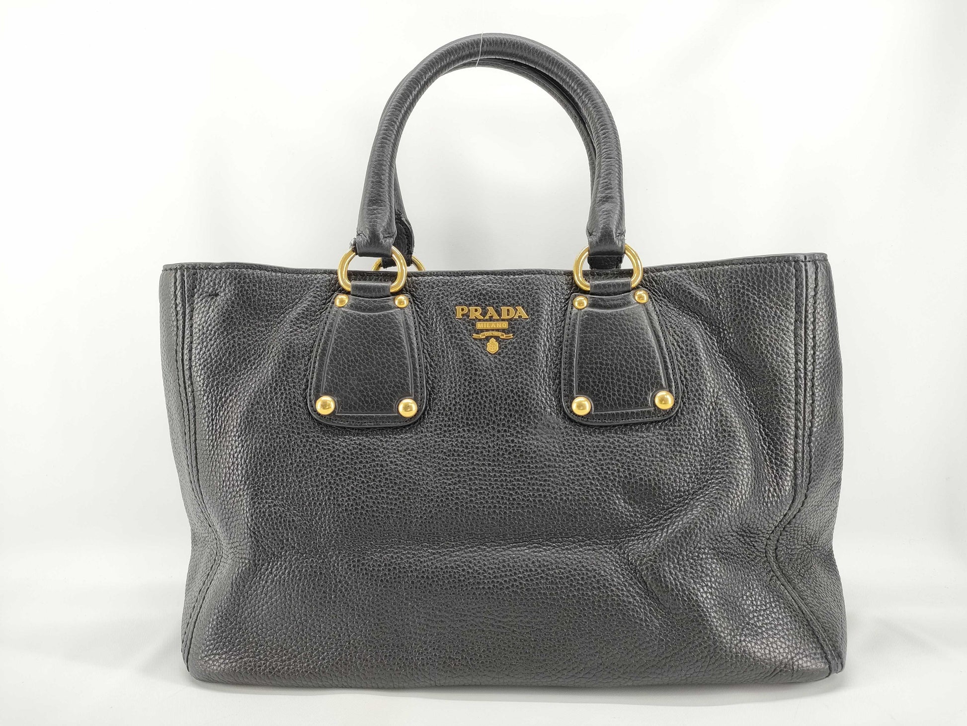 PRADA Prada Black Vitello Dino Leather Tote Bag