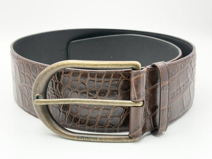 SAINT LAURENT GRZ619783 Crocodile Embossed Leather Belt 83/65 Brown Wide Thick Belt