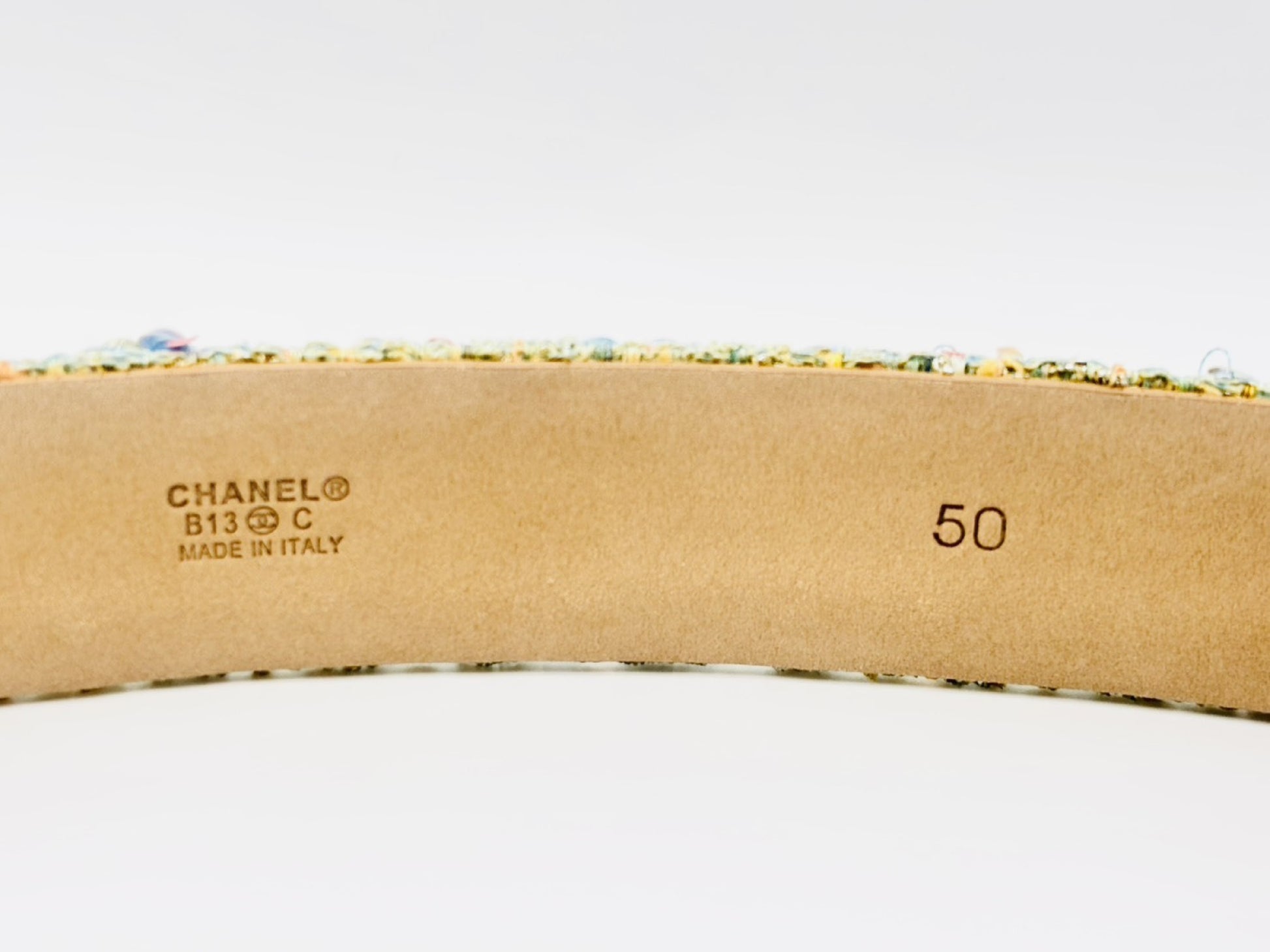 CHANEL Rhinestone Buckle Sequin Tweed Fabric Belt B13C Size 50 Blue