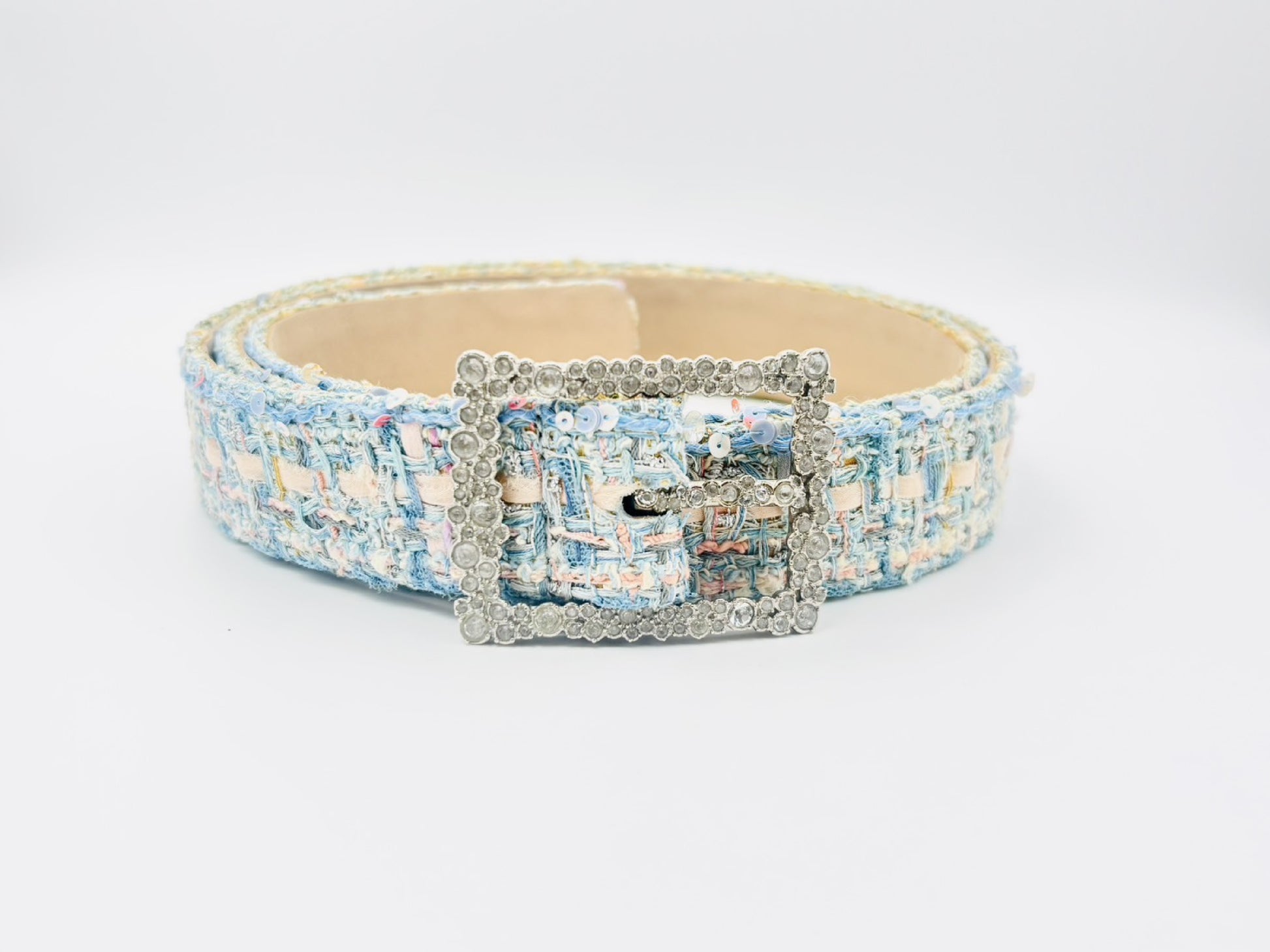 CHANEL Rhinestone Buckle Sequin Tweed Fabric Belt B13C Size 50 Blue