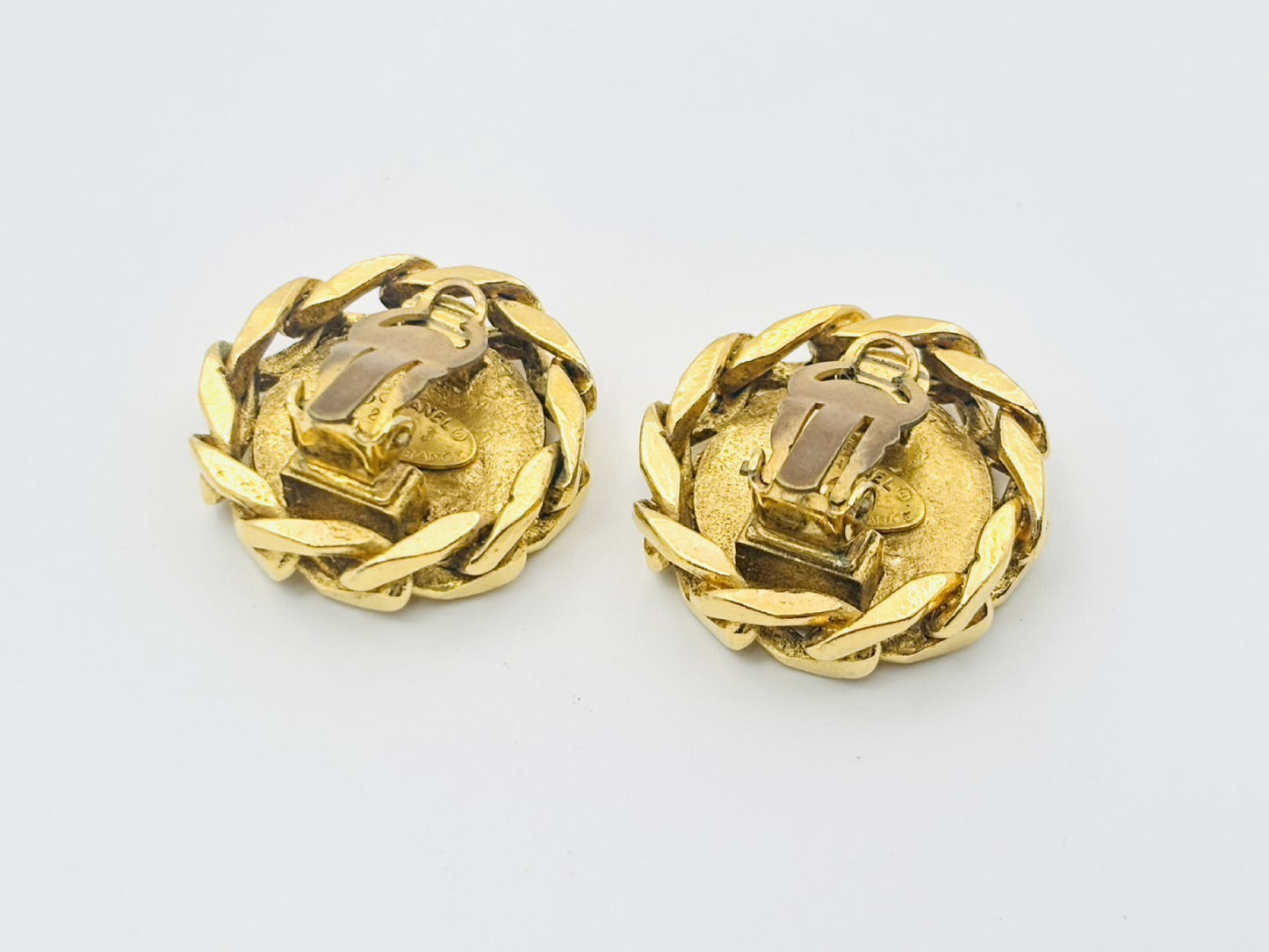 CHANEL Coco Mark Rhinestone Side Chain Round Earrings with Comments, Size 23