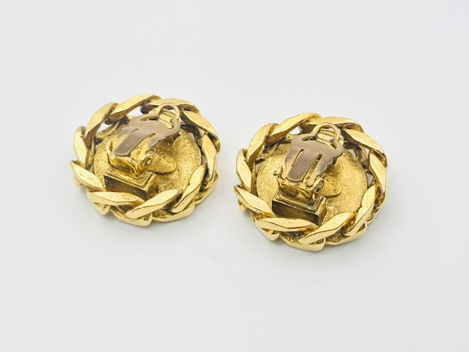 CHANEL Coco Mark Rhinestone Side Chain Round Earrings with Comments, Size 23