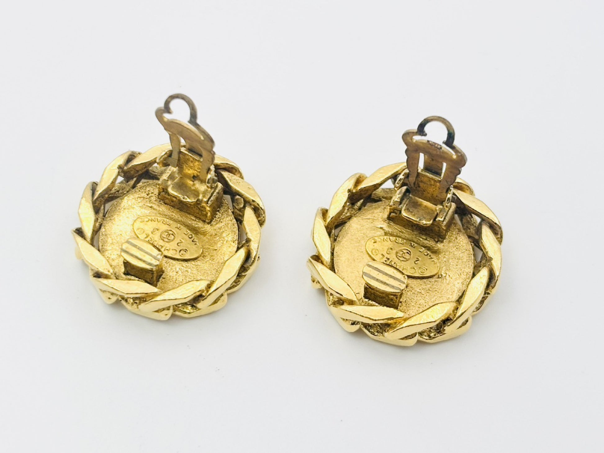 CHANEL Coco Mark Rhinestone Side Chain Round Earrings with Comments, Size 23