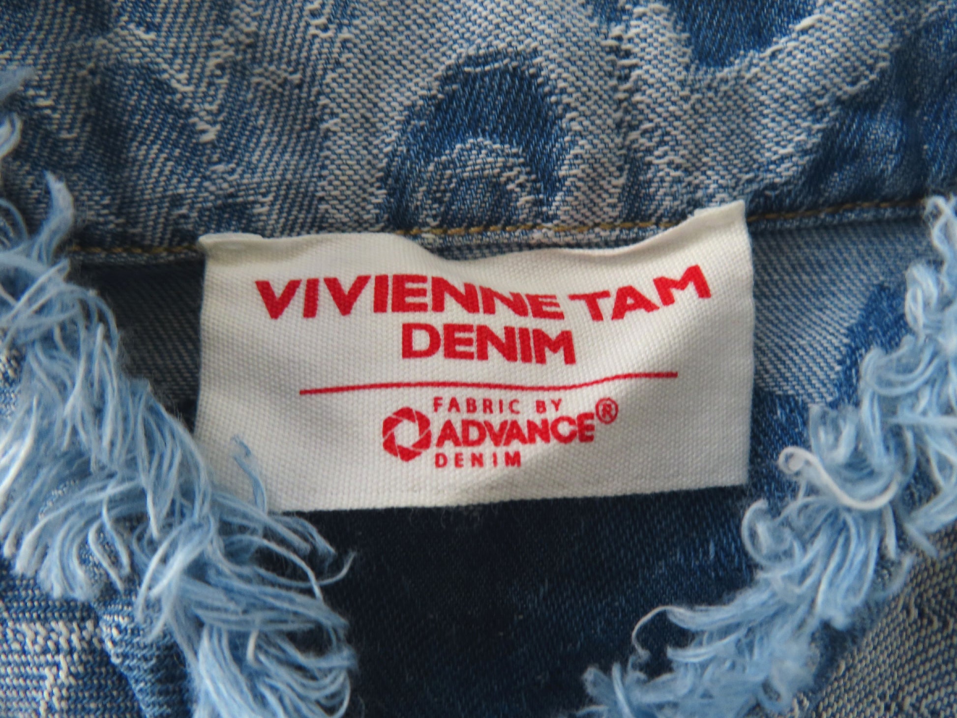 VIVIENNE TAM 2024SS Giant Dragon Denim Jacquard Dress with Chinese Detail and Raw Hem, Indigo, Other Apparel