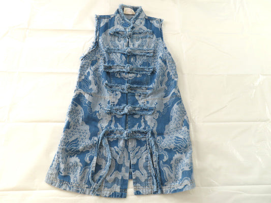 VIVIENNE TAM 2024SS Giant Dragon Denim Jacquard Dress with Chinese Detail and Raw Hem, Indigo, Other Apparel