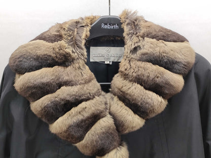  Mila Schon 100% Silk Coat with Chinchilla Fur, Size 40, Black, Dry Cleaned